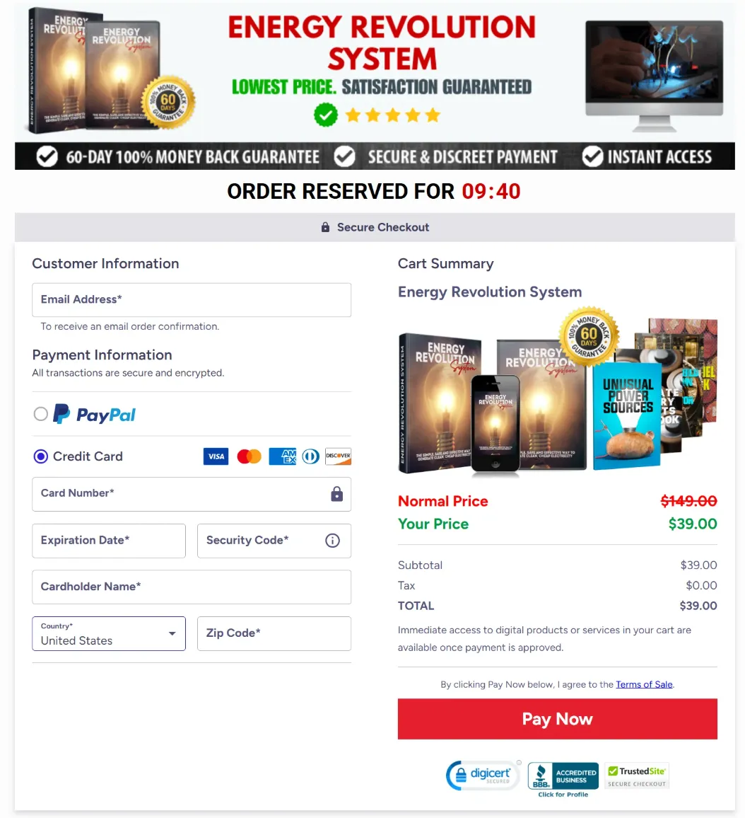 Energy Revolution System official website checkout page showing DIY generator program
